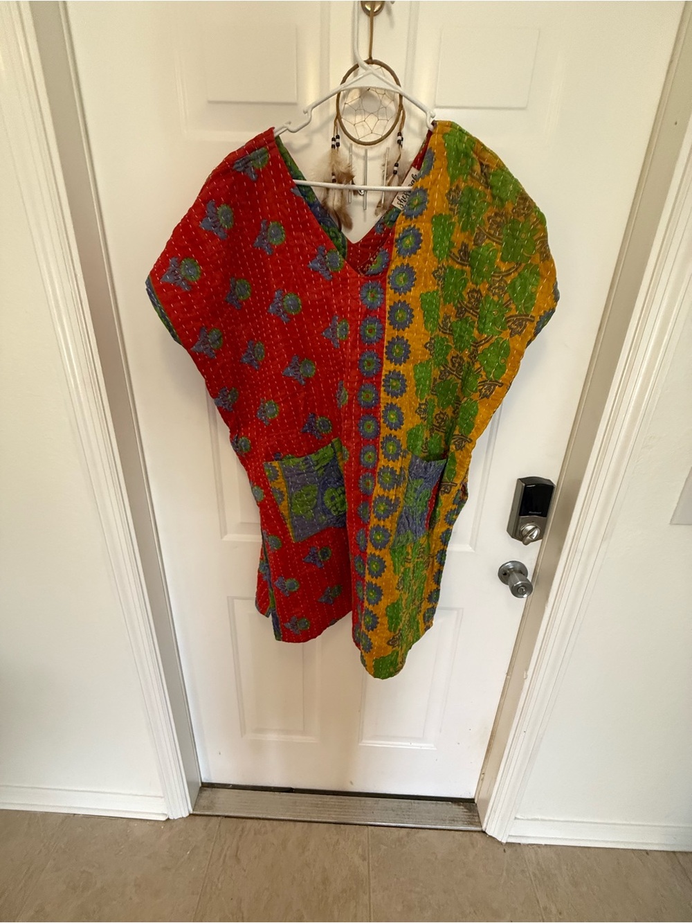 Long Boho Kantha V-Neck Tunic Top in Red & Yellow